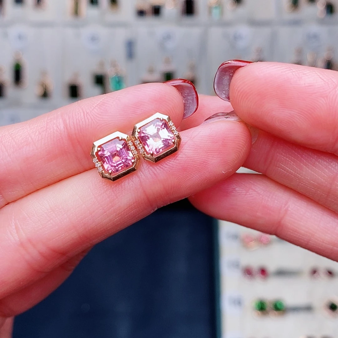 碧玺耳钉粉色18K金镶嵌