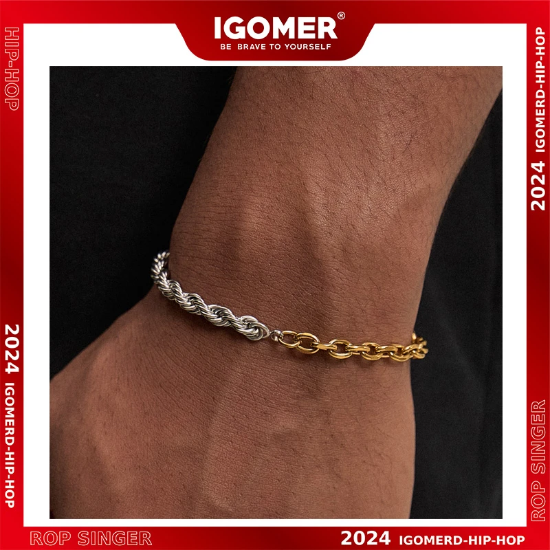 钛钢手链 IGOMER美式双色拼接麻花手链男士健身高级感小众百搭