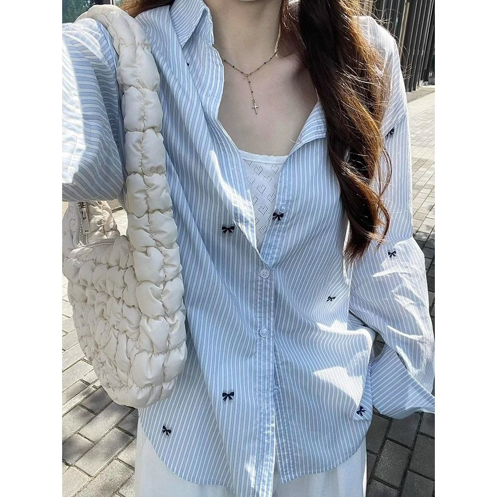 【青仓】蝴蝶蓝色条纹衬衫女春季新款宽松长袖防晒休闲SH003