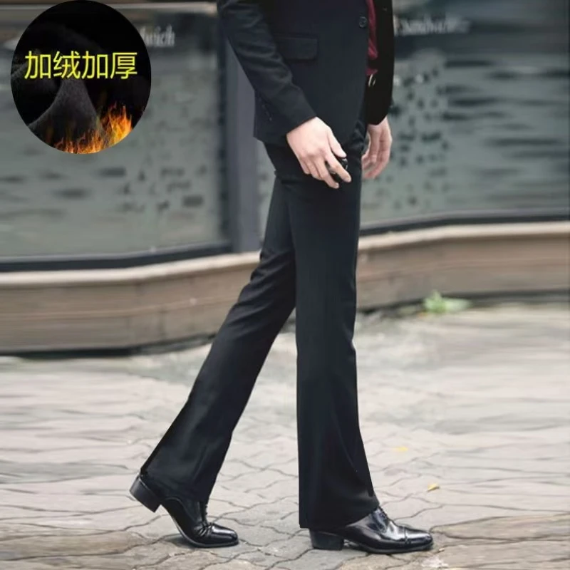 男士加绒加厚微喇西裤弹力高腰宽松阔腿裤休闲跳舞喇叭裤大脚裤冬