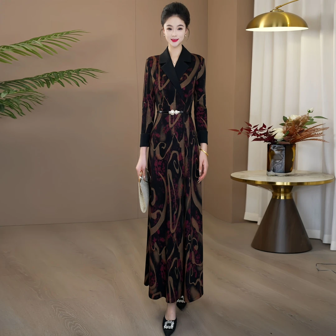 秋季富贵优雅大气长袖连衣裙2025新款遮肉显瘦收腰大摆长裙211