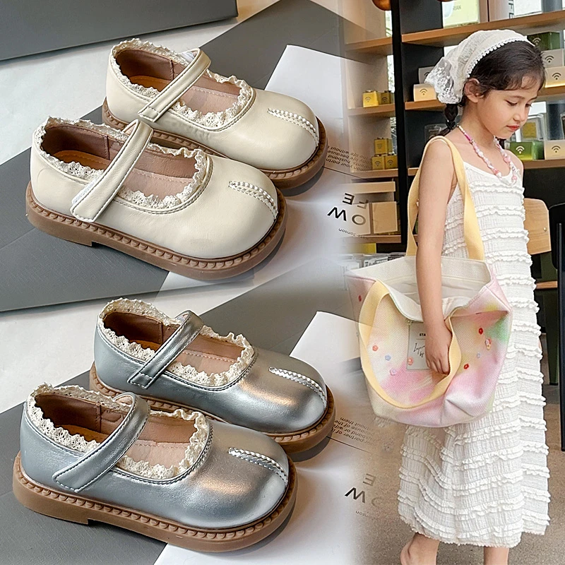 女童蕾丝小皮鞋软底浅口公主鞋2025春秋新款小女孩纯色羊蹄头单鞋