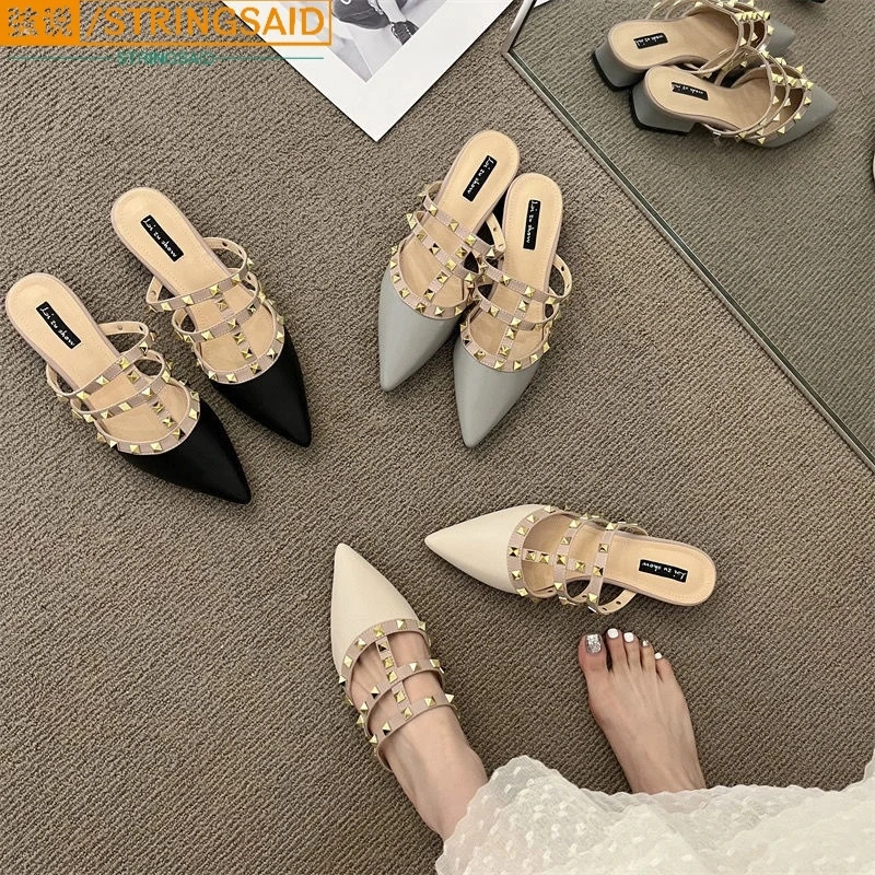 法式高级感铆钉凉拖鞋夏韩版漆皮尖头包头半拖凉鞋女