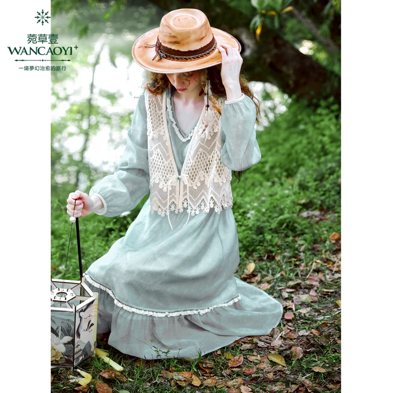 菀壹秋季新款连衣裙女海天蓝纯色v领气质a字中长裙子Q05721439