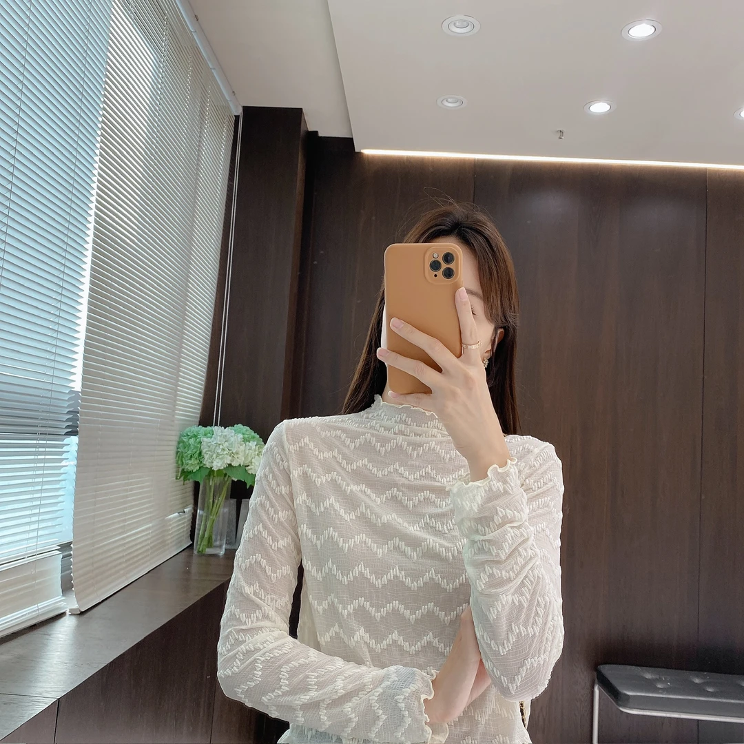 IMFLY金小金自制女装 小衫DYW9798秋装甜美波浪纹网纱打底衫上衣