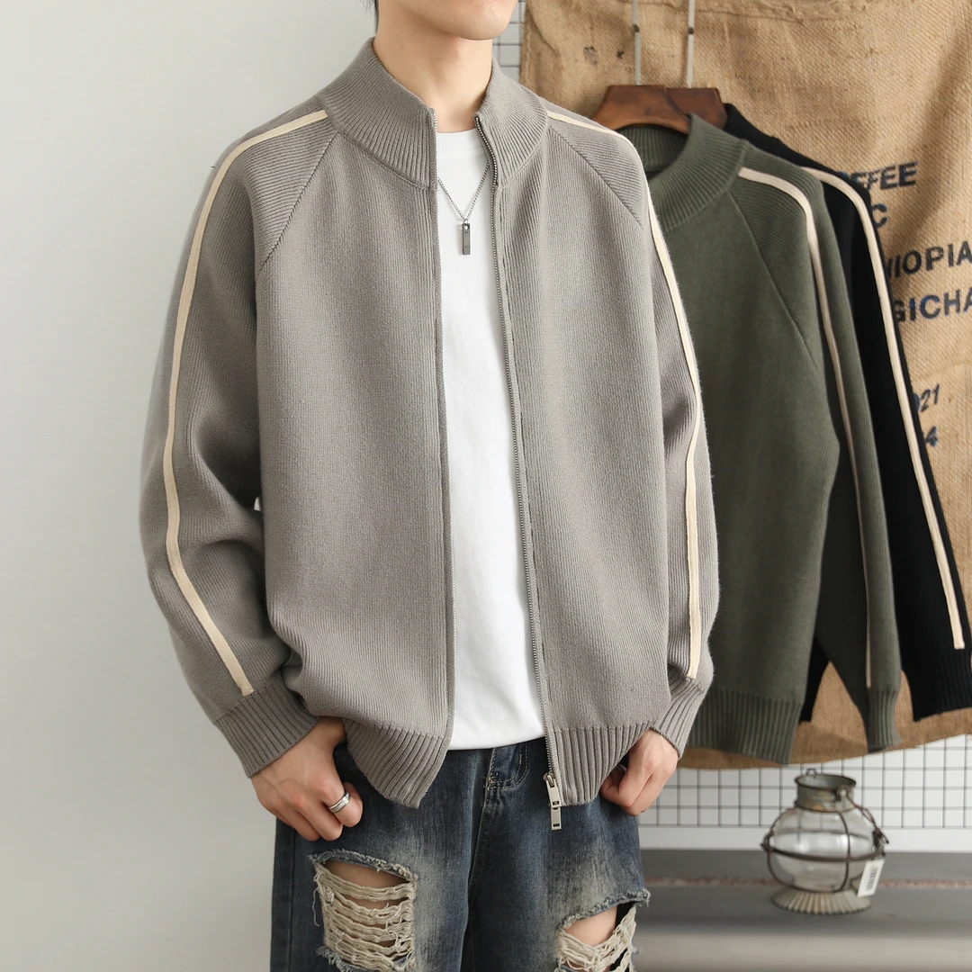线下500+ 男士春季新款针织开衫休闲春秋宽松百搭潮流立领开衫