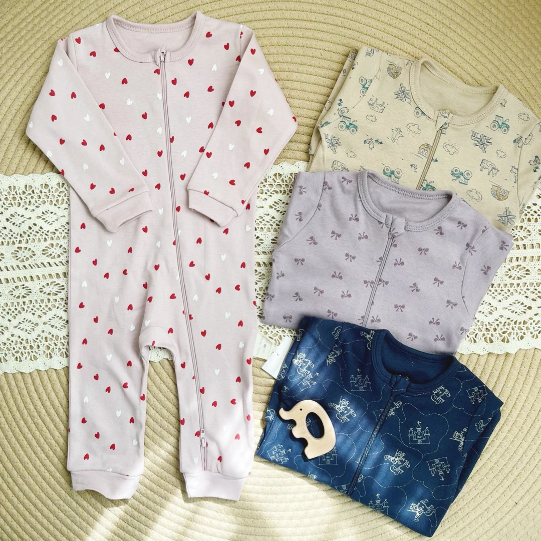精梳棉双拉链纯棉A类长袖爬服幼儿家居服睡袋可爱长袖哈衣连身衣