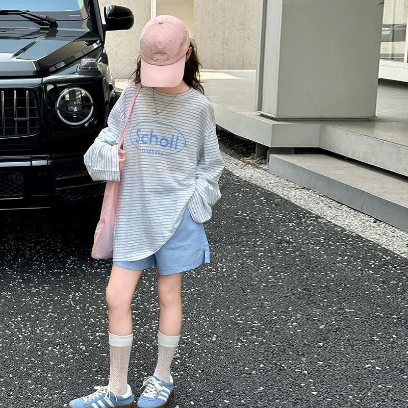 女童夏装条纹长袖T恤短裤套装2025新款夏季防晒衣裤子儿童两件套