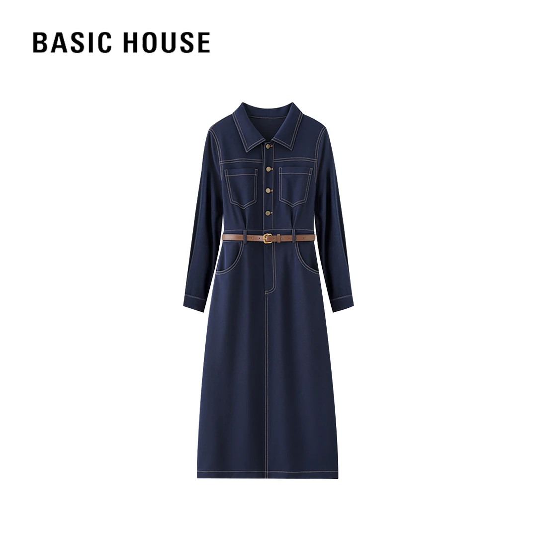 Basic House/百家好D秋季蓝色轻奢时尚复古气质收腰长款连衣裙