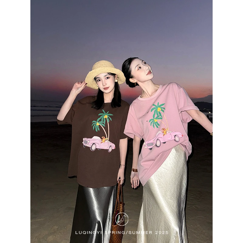 鹭青一原创【环椰游】棉混纺印花T恤女春度假风短袖上衣L25T7406B