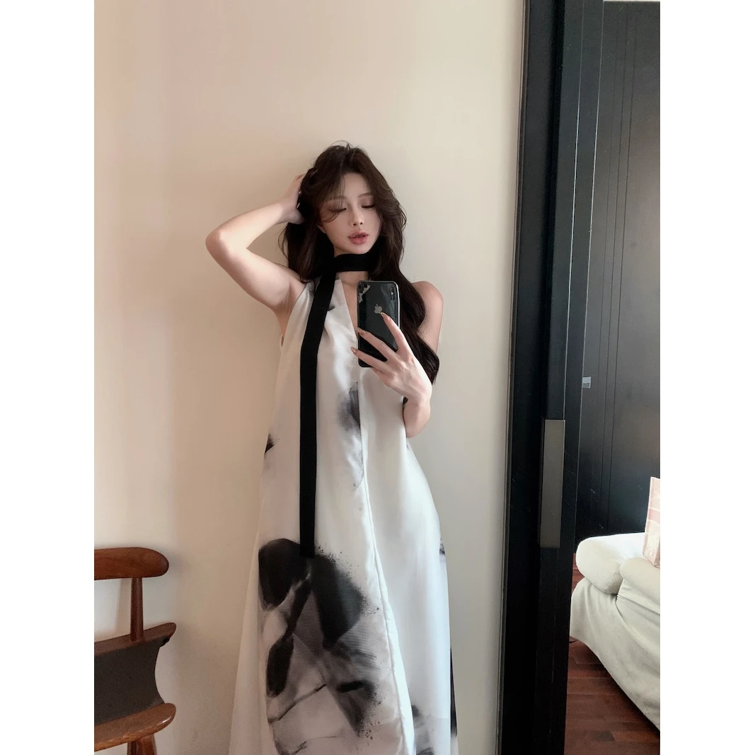 国风优雅感V领水墨印花背心连衣裙女时尚新中式宽松度假大摆长裙