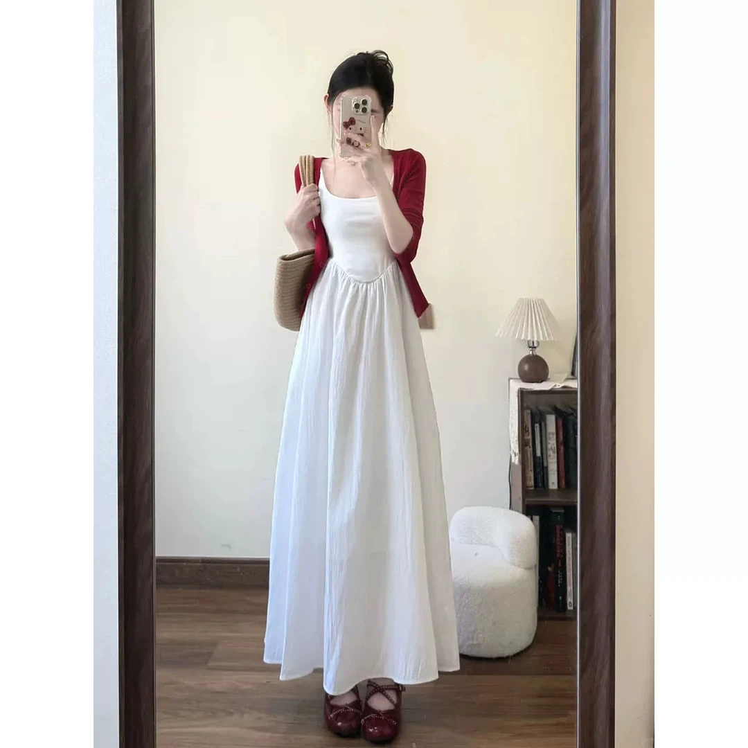 法式高级感白色吊带连衣裙子女春夏2025新款春夏穿搭一整套装长裙