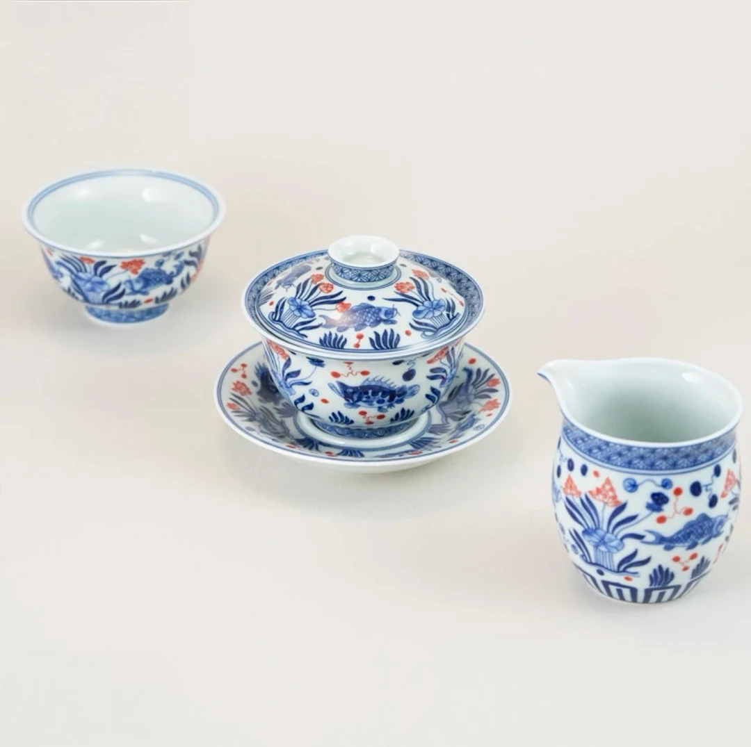 景德镇釉下彩青花釉里红鱼藻纹高端陶瓷茶具（盖碗＋公道＋压手））