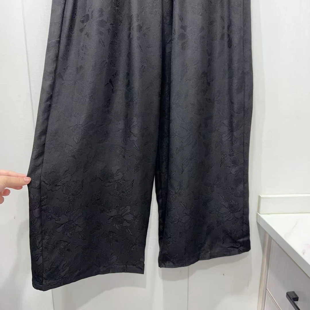 黑色直筒！100桑蚕丝全孔花萝通勤休闲直筒长裤裤子