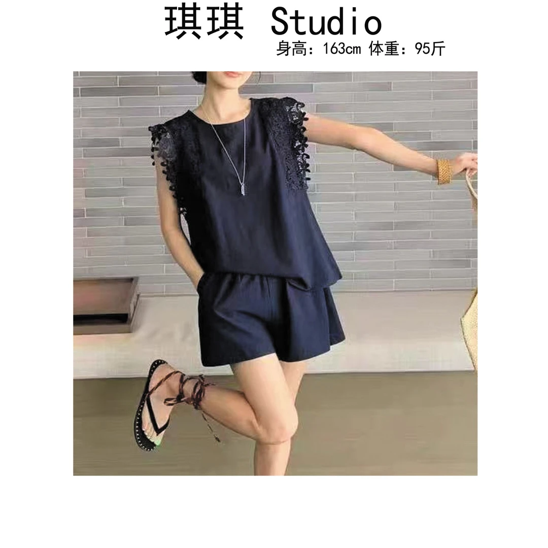 《琪琪家》夏季新款重工设计感提花袖口上衣休闲短裤两件套25110-O
