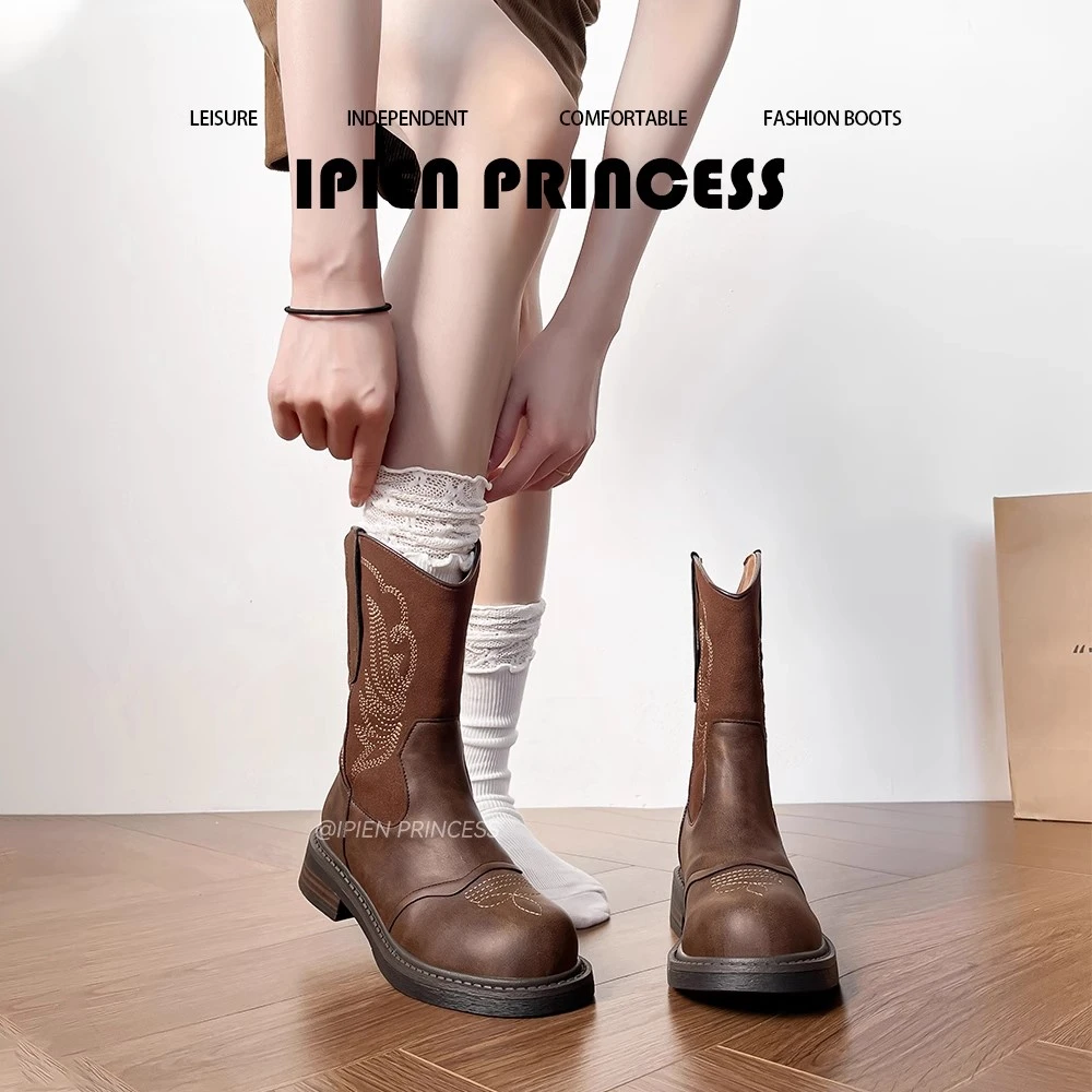 复古美拉德短靴女2025秋季新款英伦风马丁靴棕色配裙子西部牛仔靴