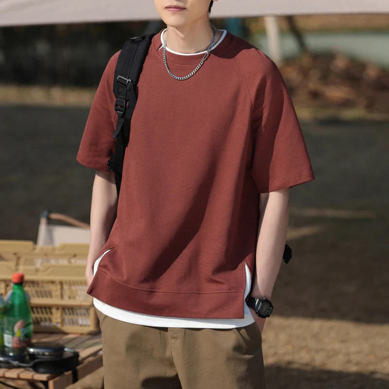 青年美式重磅圆领上衣夏季简约纯色假两件情侣T恤男插肩袖男友风