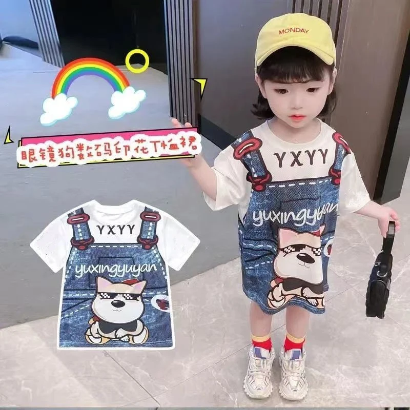 夏季新款女童短袖连衣裙中小童卡通图案假两件牛仔面料透气舒适裙