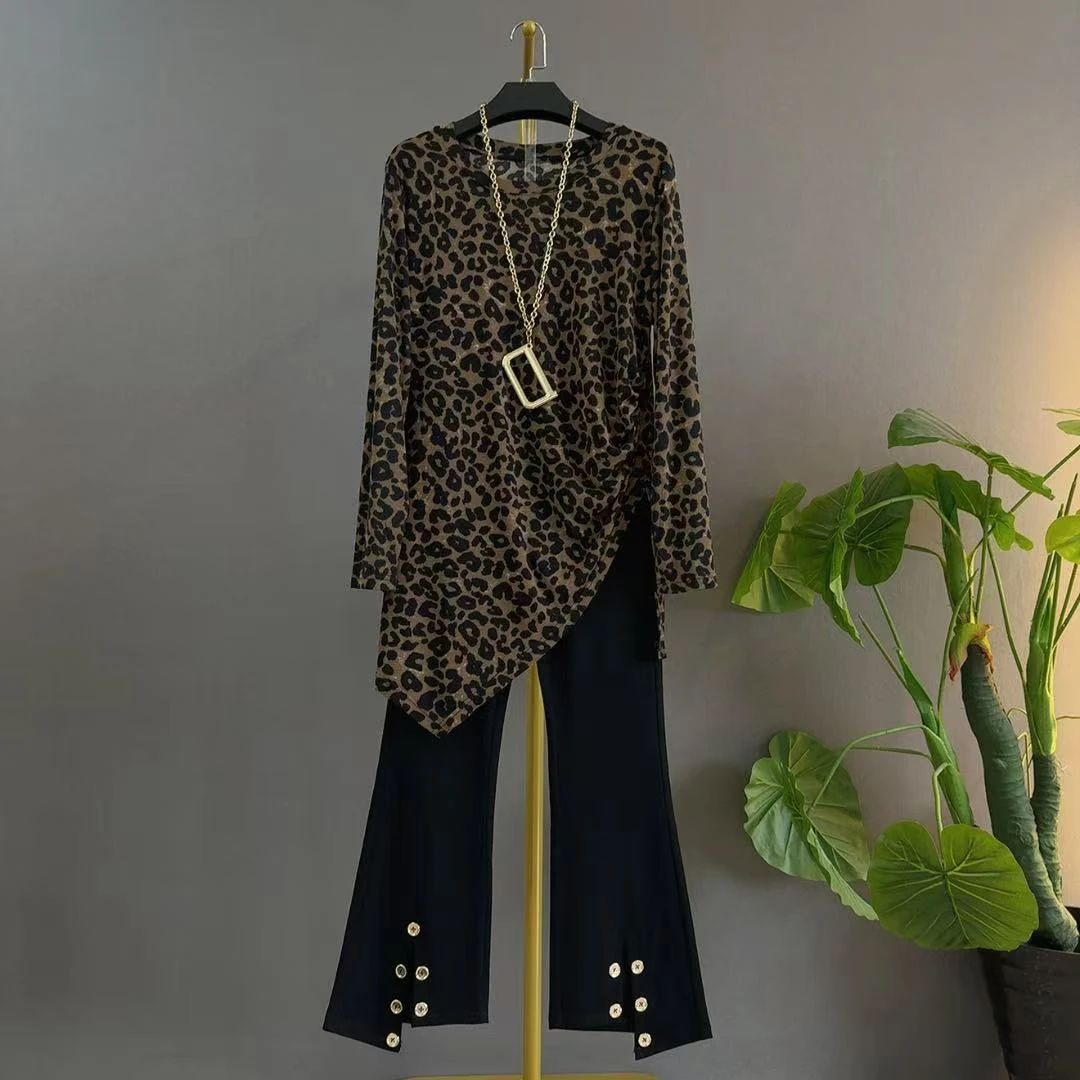 抽褶不对称常规简约通勤圆领T恤打底长袖遮胯阔腿九分裤大码套装