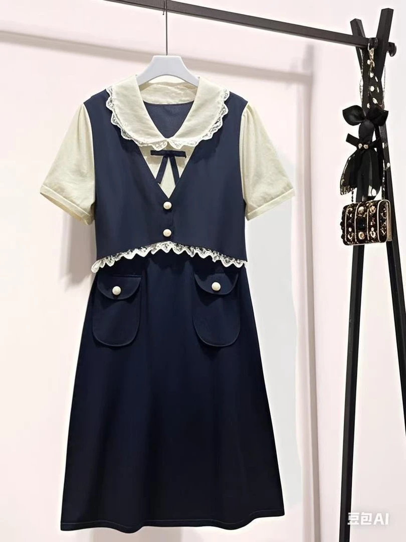 【编码597】春夏法式蕾丝边复古显瘦气质翻袖口袋凉快设计感连衣裙