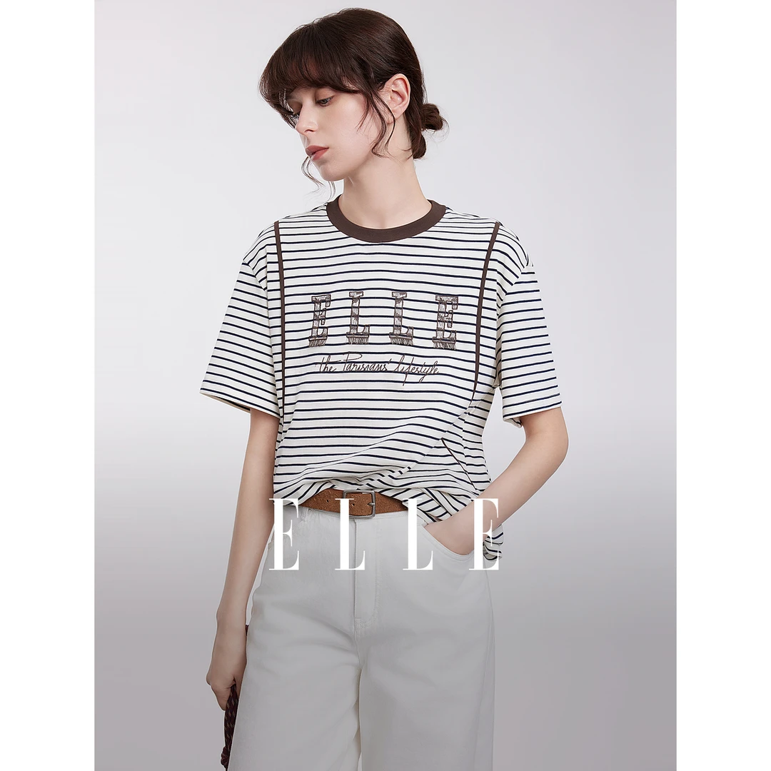 ELLE摩登流苏绣花圆领条纹T恤短袖女2025春季新款时髦上衣ET50754