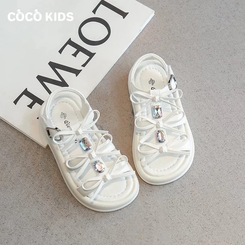 女童2025夏季新款软底防滑凉鞋水晶蝴蝶结皮面公主鞋A-1