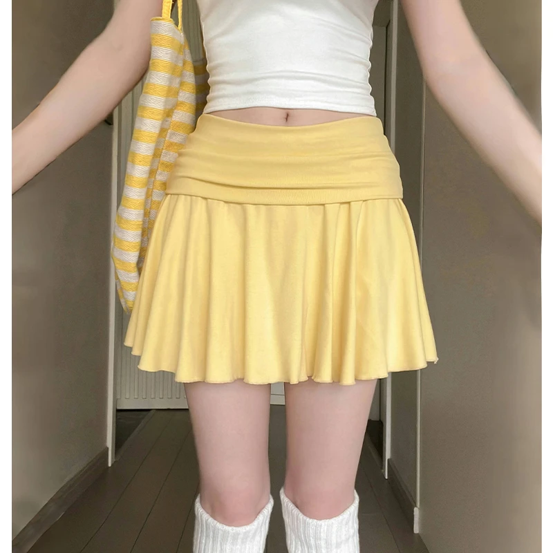 黄色运动短裙女夏季薄款垂感显瘦a字百褶裙美式辣妹防走光网球裙