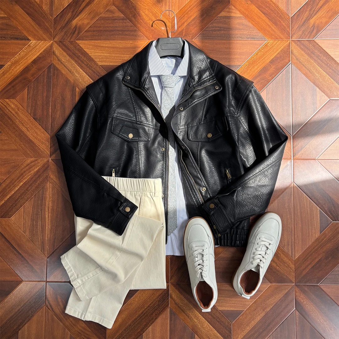 美式立领休闲机车皮衣外套短款秋冬保暖男士黑色高级感痞帅皮夹克