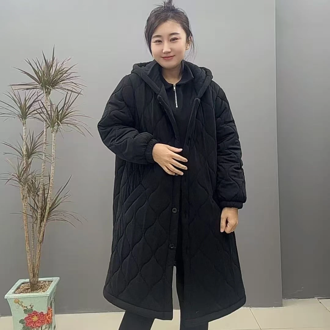 保暖2994女棉衣长款连帽冬季纯色秋冬长款棉服