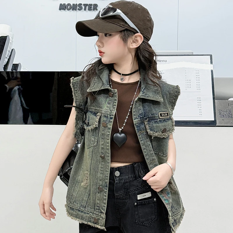 女童牛仔马甲春秋外穿中大童潮款男童马夹洋气爆款小女孩背心外套