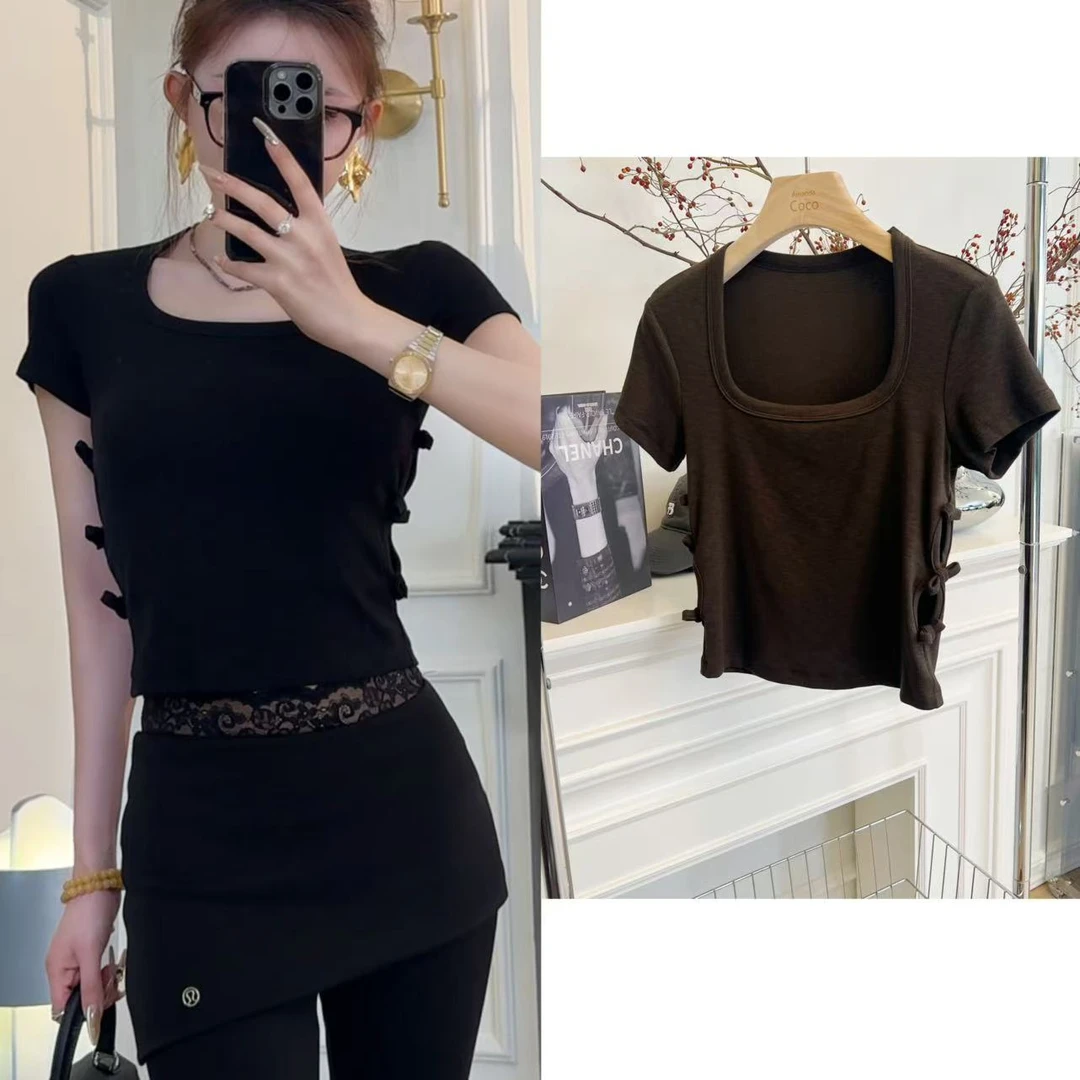 春季新款方领两侧蝴蝶结镂空HS80114高弹修身短袖T恤