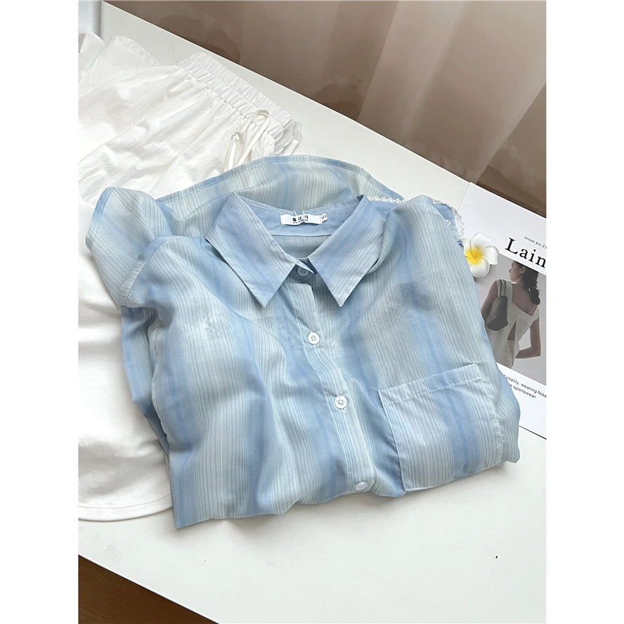 镂空蕾丝条纹防晒衬衫女夏季新款设计感小众上衣时尚百搭宽松