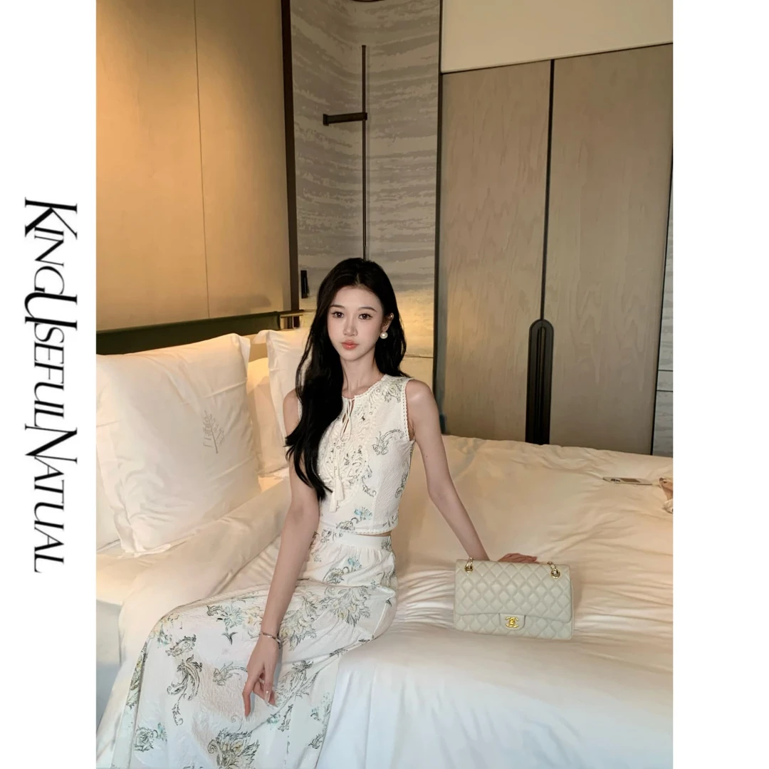 KUN【上野花园】素雅清新 定制花色流苏手工钉珠夏无袖上衣伞裙套装