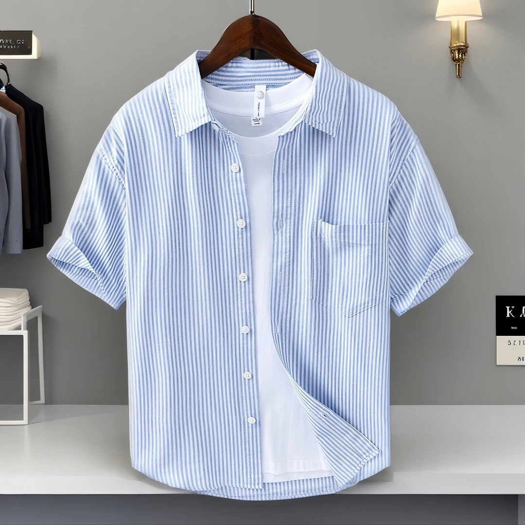 （100%纯棉）蓝色凉感透气条纹衬衫轻奢男装高档休闲新款短袖衬衣