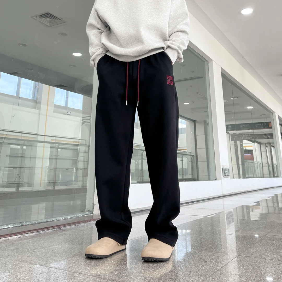 冬季新款刺绣松紧腰抽绳百搭休闲时尚宽松加绒加厚休闲裤直筒裤