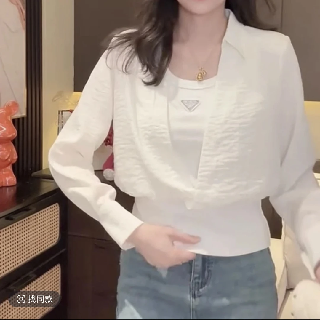 法式盐系轻熟风显瘦纯色假两件上衣2025春季款方领设计收腰衬衫女