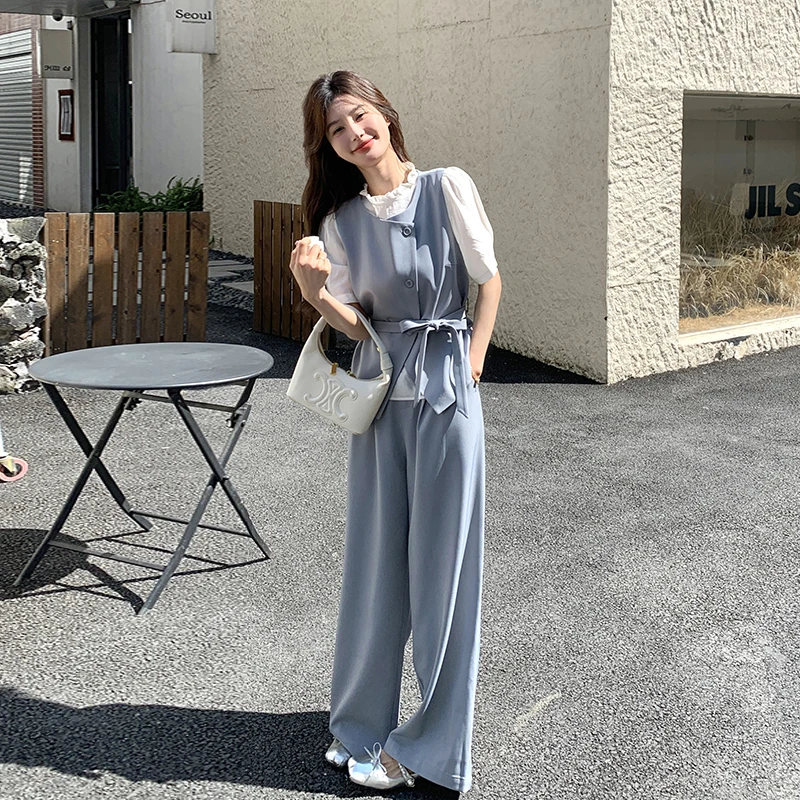 韩系穿搭温柔风时尚两件套女春季超火流行假两件上衣阔腿裤套装