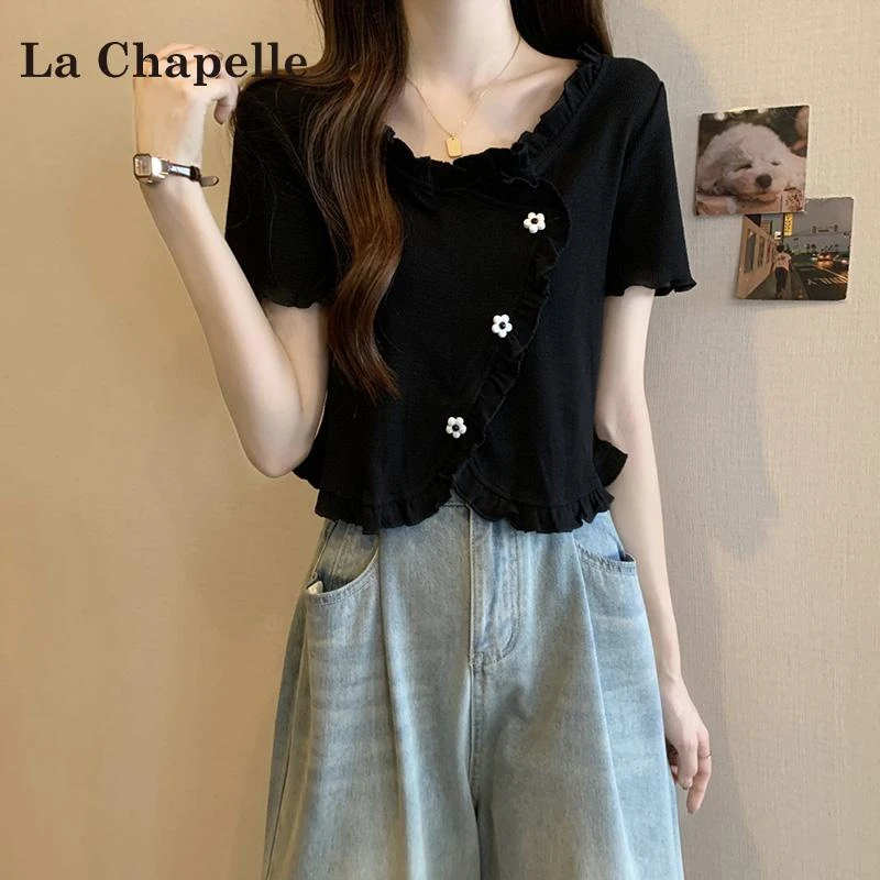 拉夏贝尔洋气遮肉显瘦大码短袖T恤女2025夏季新款不规则花边上衣