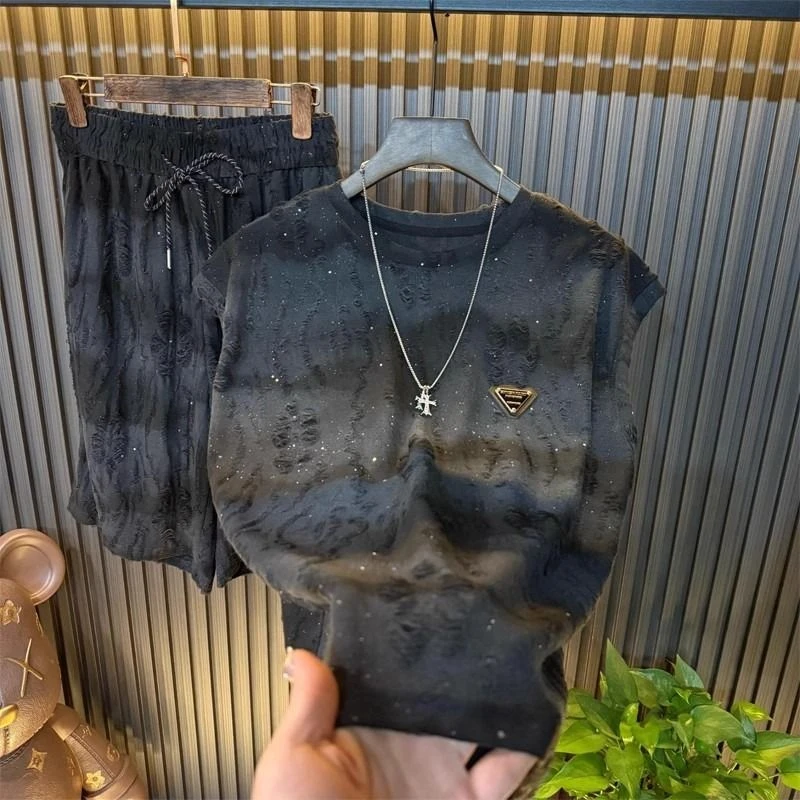 扎染废土风背心套装男夏季新款宽松大码百搭破洞无袖短裤一套搭配