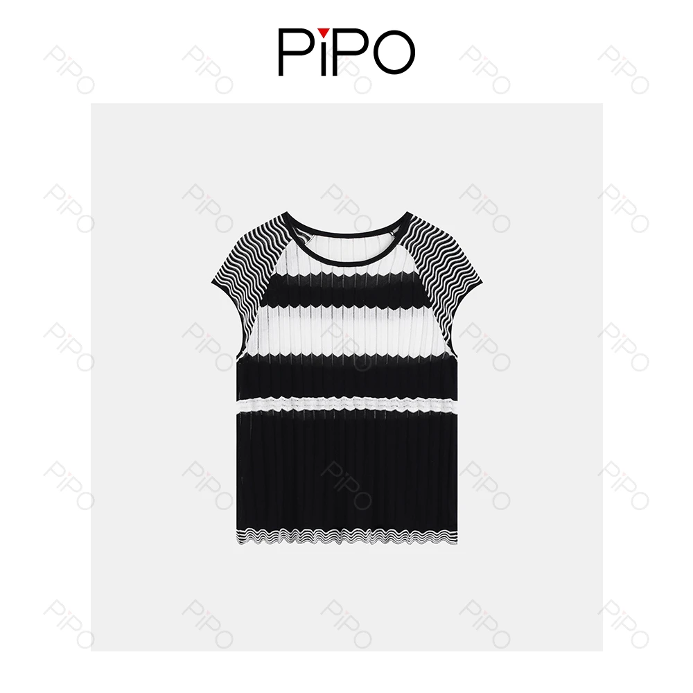 PIPO极简风圆领短袖拼接拼色针织衫百搭撞色设计师夏季DD52Z676
