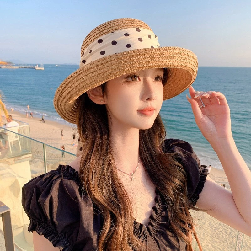 草帽女夏季法式优雅波点蝴蝶结遮阳帽海边度假沙滩防晒盆帽渔夫帽