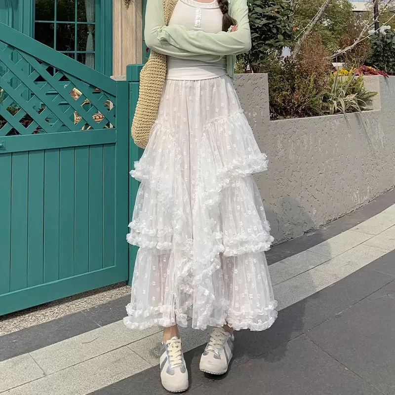 751—800白色蕾丝网纱高腰A字半身裙女甜美蓬蓬公主蛋糕长裙