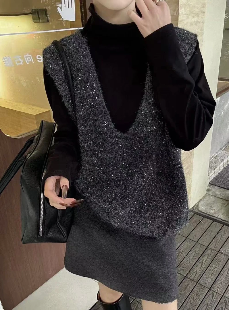 V领马甲马夹星空灰超幼马海毛亮片