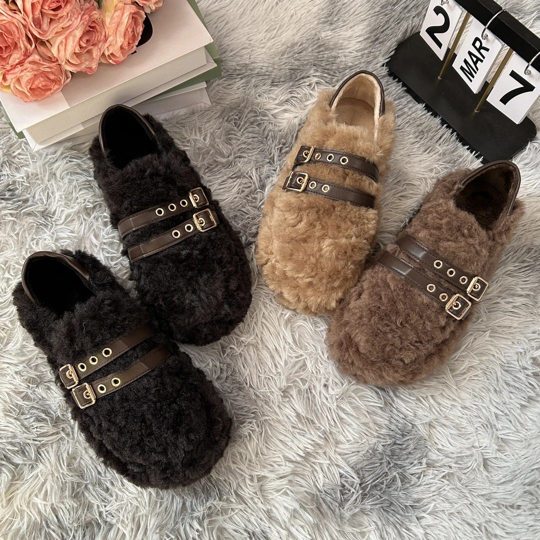 厚底加绒一脚蹬2024年秋冬新款毛毛鞋时尚百搭温柔简约设计感软底