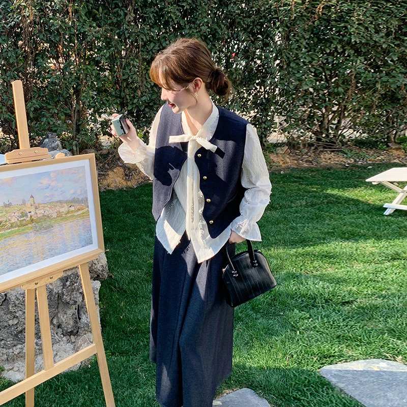 〈纪朵研〉1327深蓝色提花衬衫马甲半身裙套装女秋小香风韩系三件套