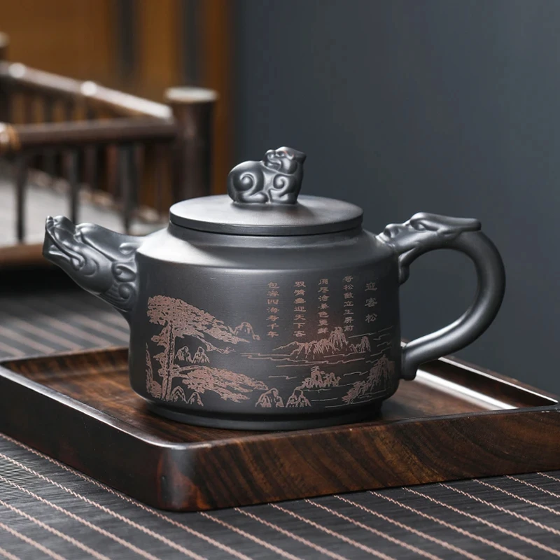 纯手工复古紫陶茶壶陶瓷紫砂壶大容量家用球孔单壶浮雕泡茶具茶壶