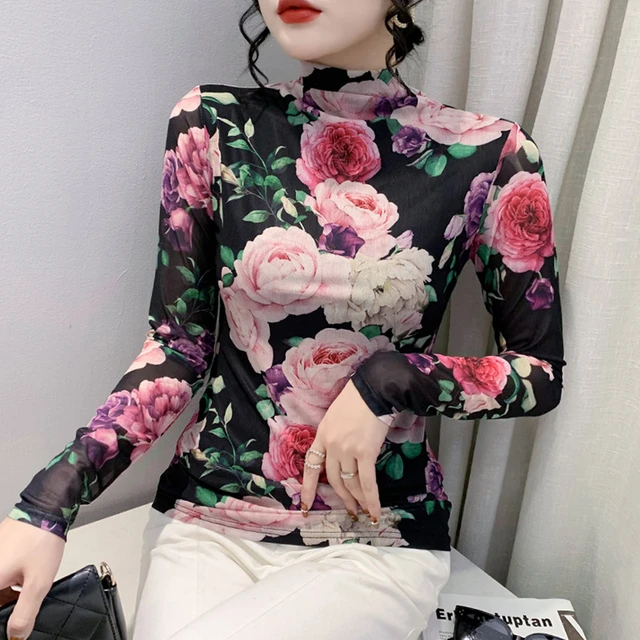 时尚印花网纱T恤女秋冬妈妈装洋气半高领打底衫长袖修身显瘦上衣