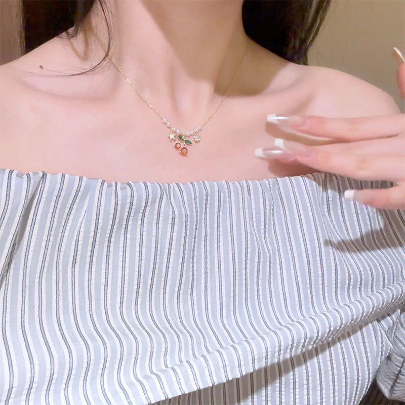 GINIFIMOR 铜项链 a495 气质珠珠红红小樱桃项链锁骨链