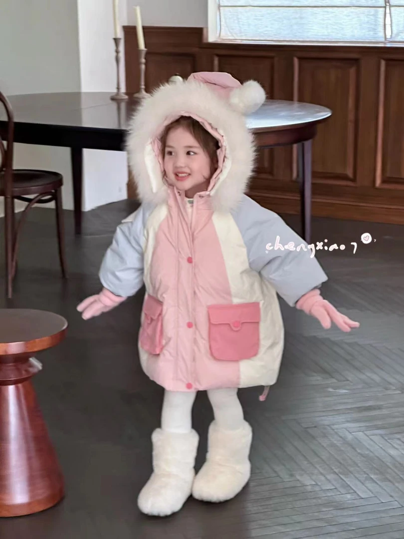 【正版橙小七】拼色精灵帽连帽羽绒服女童