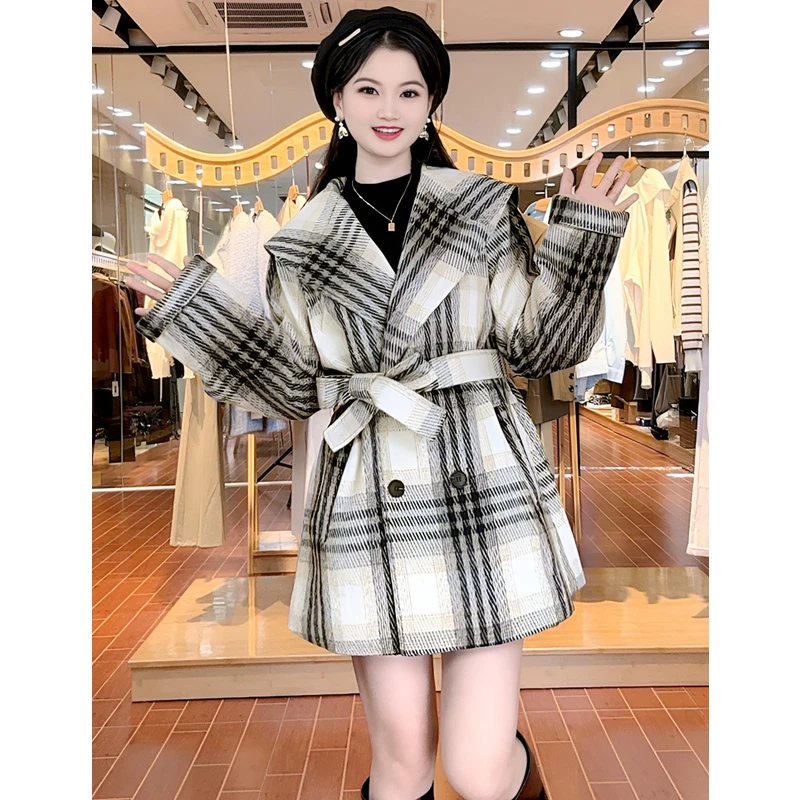 ASY/2024冬季新款绑带翻领【小个子】小香风格子外套